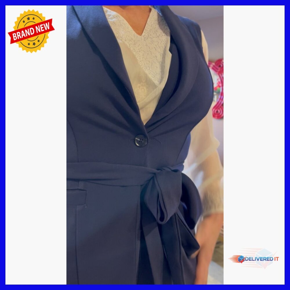 Sleeveless Vest Pantsuit Set, Belted Business Casual Outfit, Polyester Blend - Picture 7 of 7